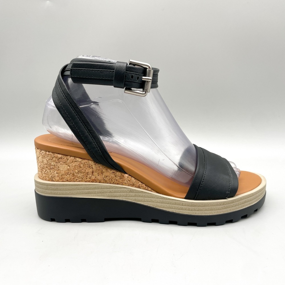 See by Chloe Womens 38 Platform Wedge Sandals Black Leather Cork Lug Sole Edgy